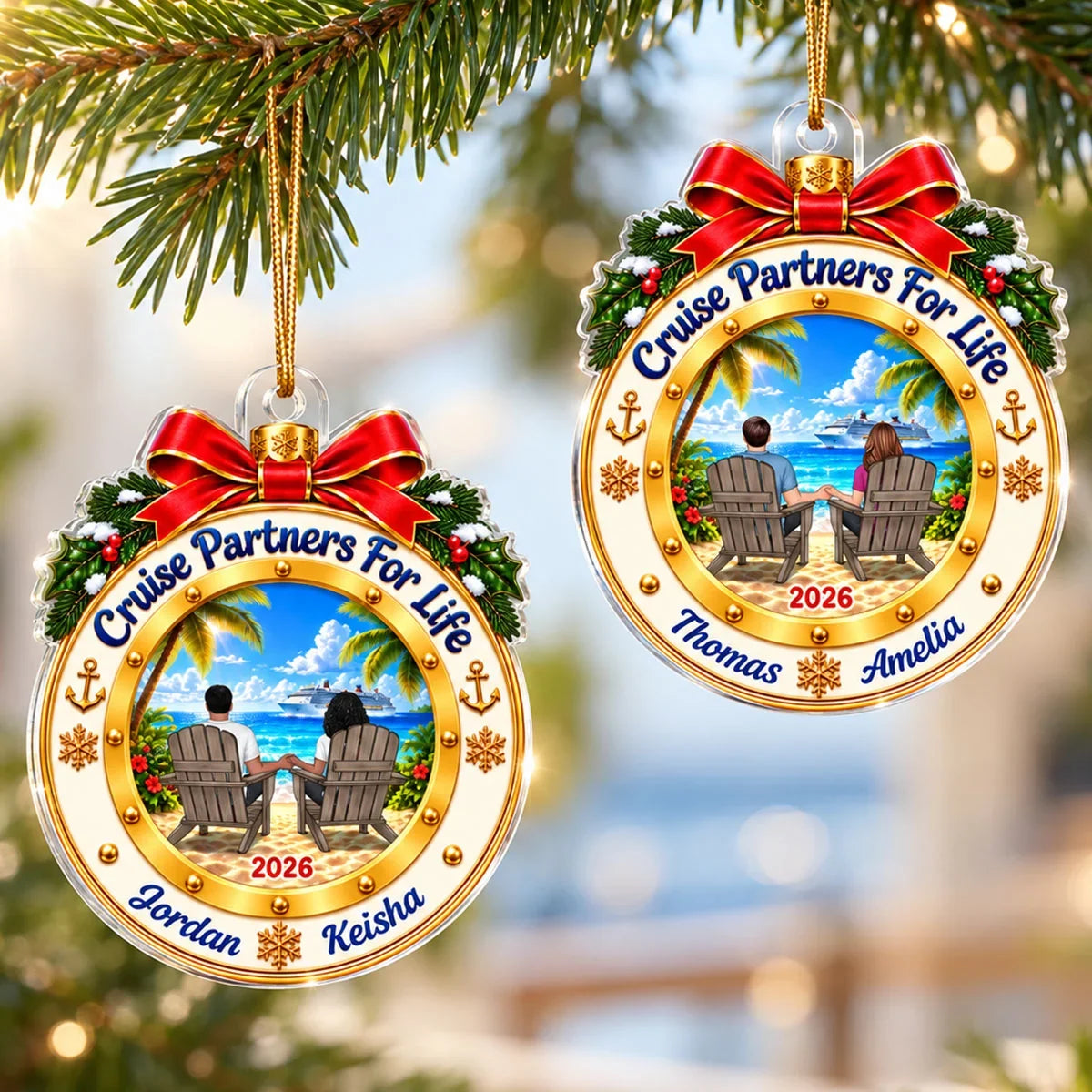 Personalized Acrylic Ornament, Cruise Couple Holding Hands on Sunny Beach, Unique Christmas Gift for Partners