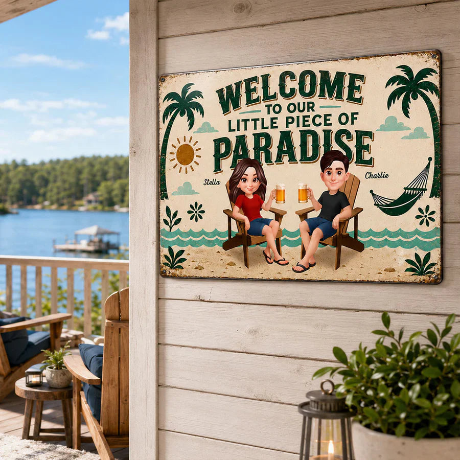 Personalized Rectangular Iron Sign, Seated Couple Pool Paradise Decor, Unique Gift for Couples