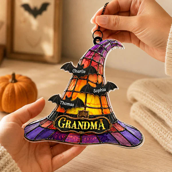 Personalized Acrylic Suncatcher Ornament, Grandma Witch Hat With Bats, Unique Halloween Gift