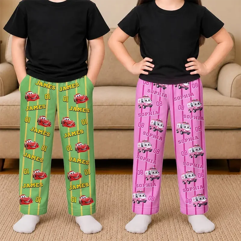 Personalized Kids Pajama Pants with Cartoon Fire Truck or Dinosaur Print, Unique At-Home Gift for Kids