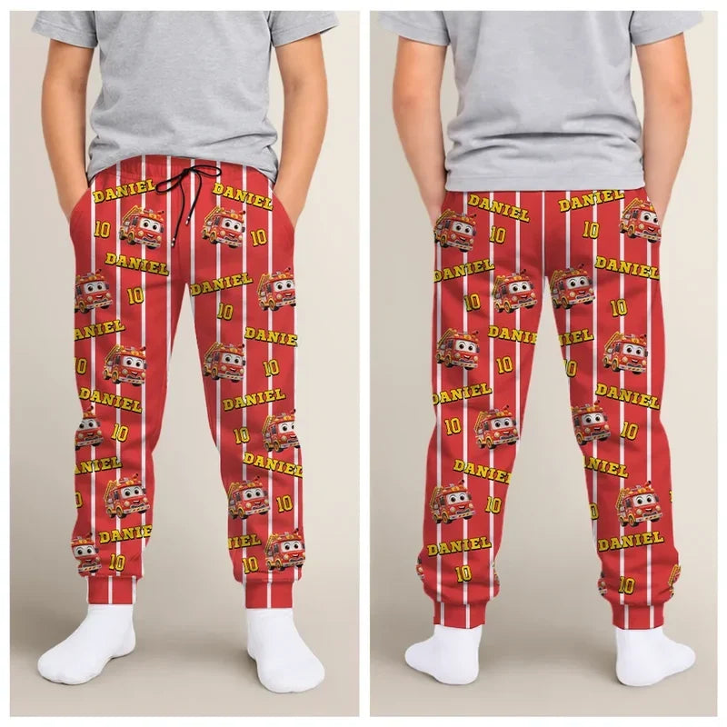 Personalized Kids Pajama Pants with Cartoon Fire Truck or Dinosaur Print, Unique At-Home Gift for Kids