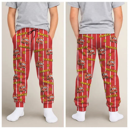 Personalized Kids Pajama Pants with Cartoon Fire Truck or Dinosaur Print, Unique At-Home Gift for Kids