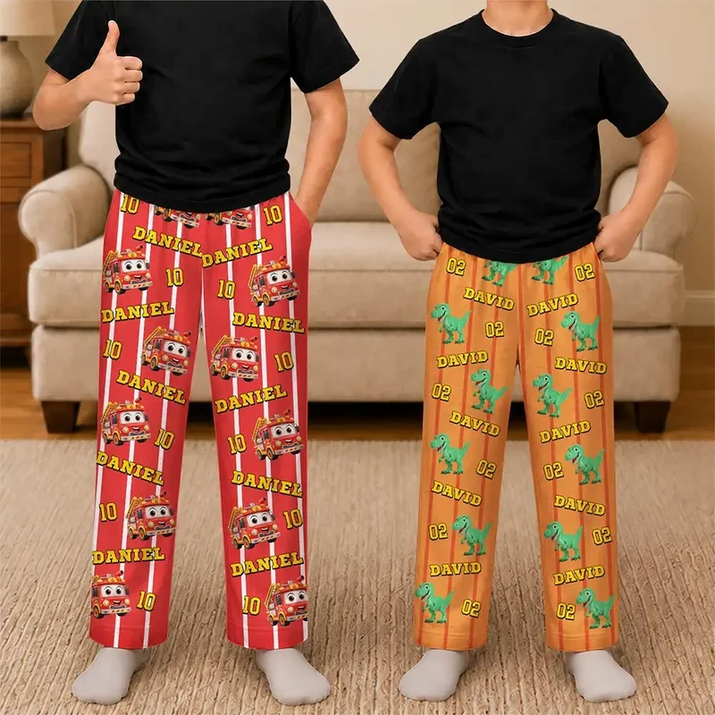 Personalized Kids Pajama Pants with Cartoon Fire Truck or Dinosaur Print, Unique At-Home Gift for Kids