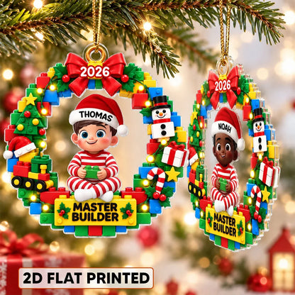 Personalized Acrylic Ornament, Cute Master Builder Child in Festive Wreath, Unique Gift for Kids