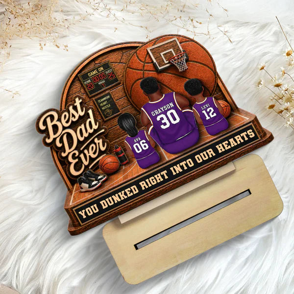 Personalized 2-Layer Wooden Plaque, Basketball Dad & Kids Back-View, Unique Creative Gift for Dad