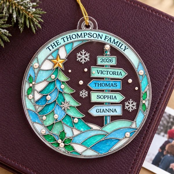 Personalized Acrylic Ornament, Blue Family Signpost and Snowy Tree Christmas Decor, Unique Gift for Parents