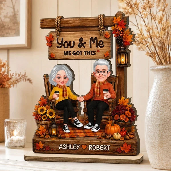 You & Me Personalized 2-Layer Wooden Plaque, Autumn Couple Holding Hands, Creative Gift for Partners