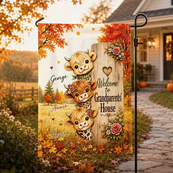 Personalized Highland Cow Garden Flag, Cows Peeking by a Rustic Sign, Unique Autumn Gift for Grandparents