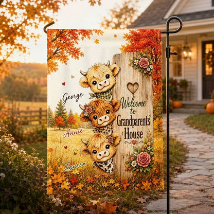 Personalized Highland Cow Garden Flag, Cows Peeking by a Rustic Sign, Unique Autumn Gift for Grandparents