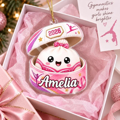Personalized Acrylic Ornament, Cute Gymnastics Dumpling in Pink Case, Unique Christmas Gift for Gymnast