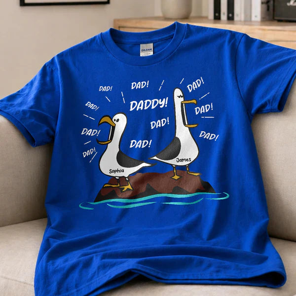 Classic Tee for Dad With Cartoon Seagulls and Daddy Text, Creative Father's Day Gift