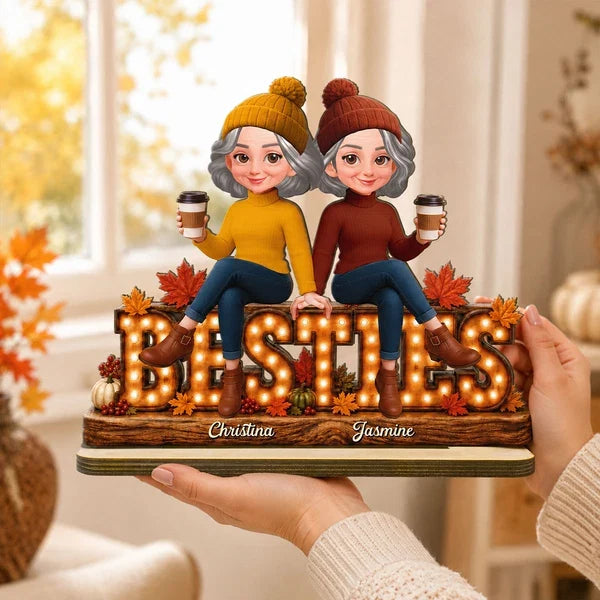 Personalized 2-Layer Wooden Plaque, Friends Holding Coffee in Autumn, Unique Gift for Best Friends
