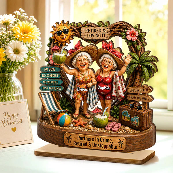 Personalized 2-Layer Wooden Plaque, Retired Friends Beach Scene, Unique Creative Gift for Close Friends