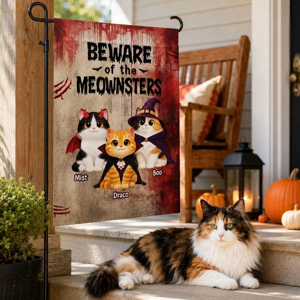 Personalized Garden Flag, Beware of the Meownsters Costume Cats, Red Vintage Halloween Decor, Unique Gift for Cat Lovers