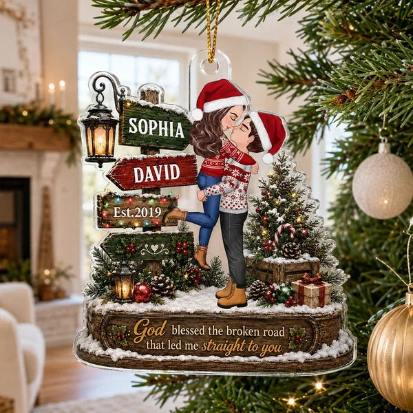 God Blessed the Broken Road Personalized Acrylic Ornament, Kissing Couple in Rustic Christmas Scene, Creative Couple Gift