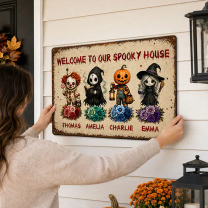 Personalized Rectangular Iron Sign, Welcome To Our Spooky House Halloween Porch Decor, Unique Family Gift