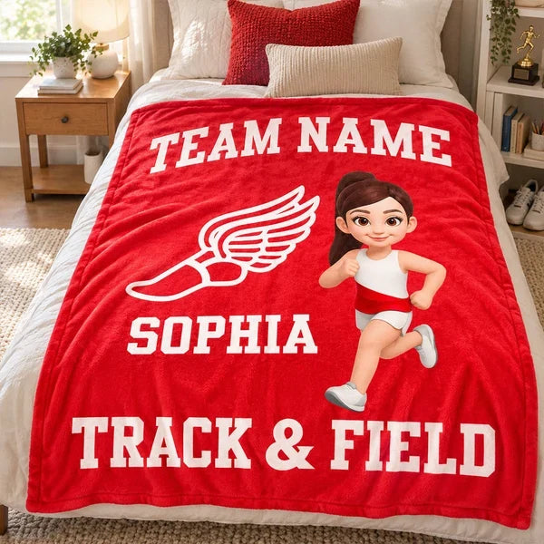 Personalized Track & Field Fleece Blanket, Red Running Girl Design, Unique Gift for Young Athletes
