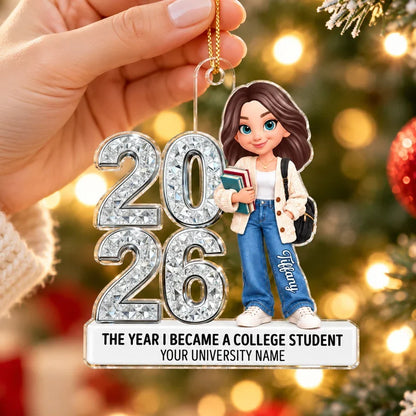 Personalized Acrylic Ornament, College Student Holding Books, Unique Christmas Gift for Freshman
