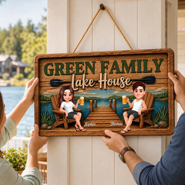 Personalized Wooden Sign, Seated Lake House Couple Illustration, Unique Gift For Family Retreat Decor