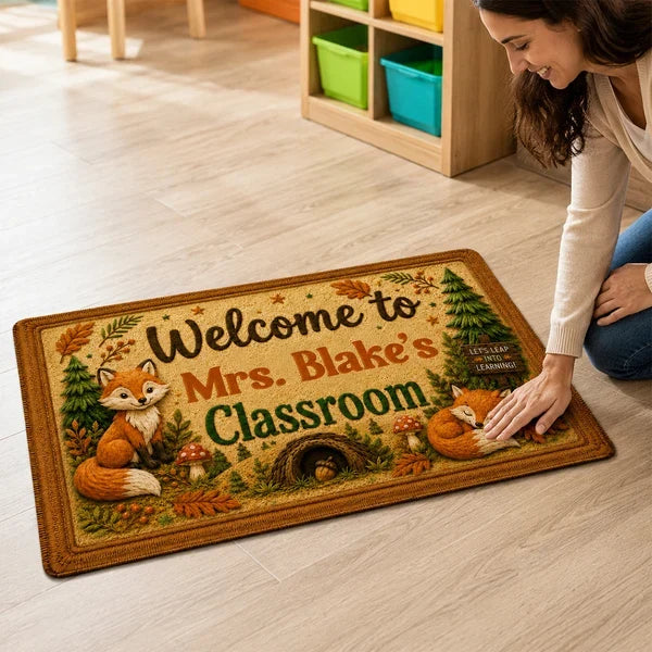 Personalized Standard Doormat With Woodland Foxes For Teacher Classroom, Unique Creative Gift