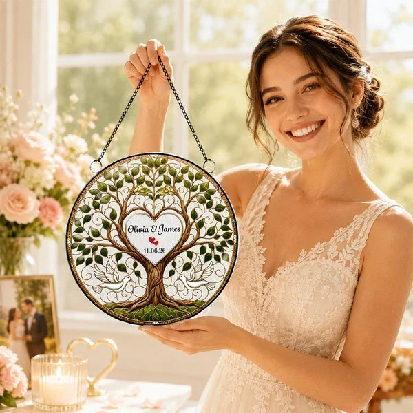 Personalized Acrylic Suncatcher Ornament, Flying Doves & Tree of Life, Unique Wedding Gift for Couples