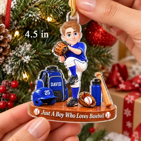 Personalized Baseball Boy Acrylic Ornament, Blue Pitching Player Christmas Decor, Unique Gift for Son