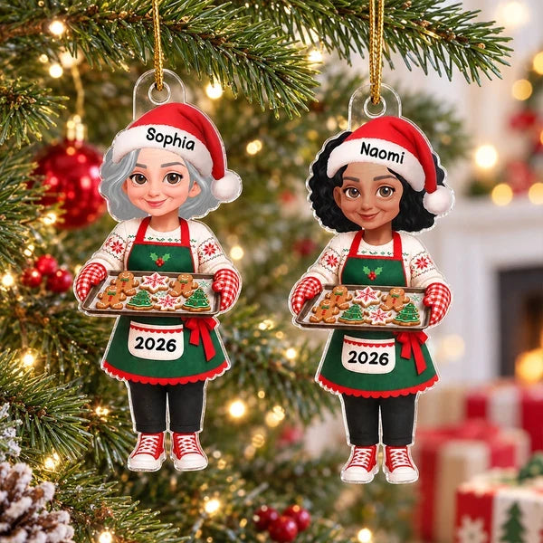 Personalized Acrylic Ornament, Festive Baking Grandma Holding Cookies, Unique Christmas Gift for Grandma