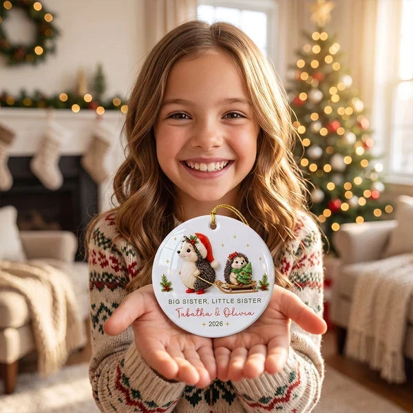 Personalized Ceramic Ornament, Sister Hedgehogs in a Snowy Sled Scene, Creative Keepsake Gift for Sisters