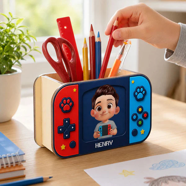 Personalized Wooden Pen Holder, Cute Gamer Boy Holding Controller, Unique Back To School Gift For Kids