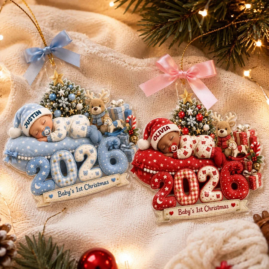 Personalized Acrylic Ornament, Sleeping Baby by a Christmas Tree, Unique First Christmas Gift for New Parents