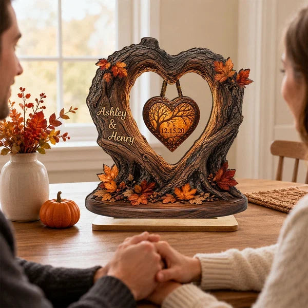 Personalized 2-Layer Wooden Plaque, Fall Heart Tree with Couple Silhouette, Unique Anniversary Gift