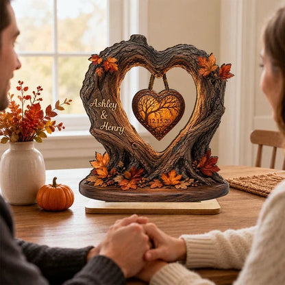 Personalized 2-Layer Wooden Plaque, Fall Heart Tree with Couple Silhouette, Unique Anniversary Gift