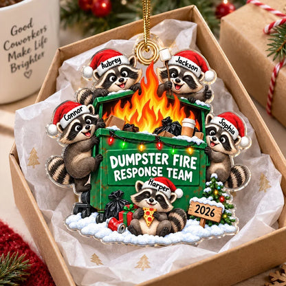 Personalized Acrylic Ornament, Funny Raccoons Around a Dumpster Fire, Snowy Christmas Decor, Unique Coworker Gift