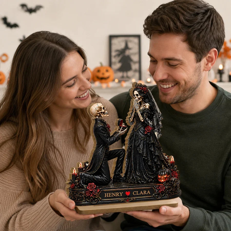 Personalized 2-Layer Wooden Plaque, Skeleton Proposal Halloween Decor, Unique Gift for Couple