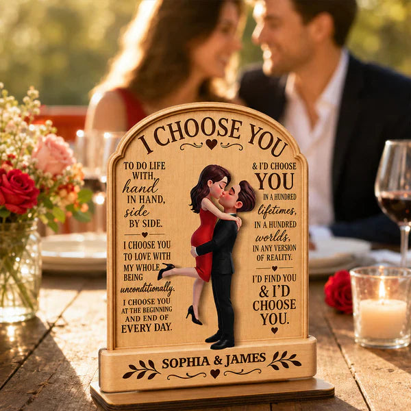 Personalized 2-Layer Wooden Plaque, Hugging Couple I Choose You Design, Unique Anniversary Gift