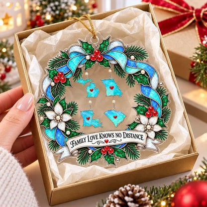 Personalized Acrylic Ornament with State Silhouettes, Blue Christmas Wreath, Unique Gift for Family