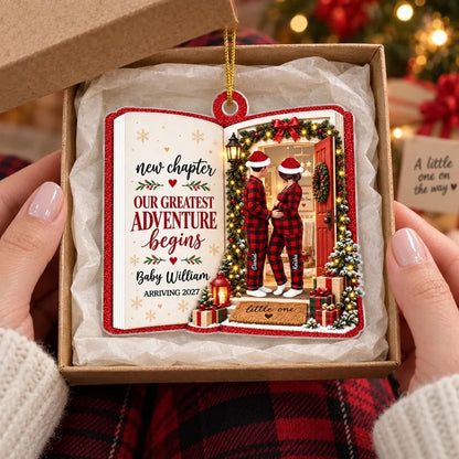 Personalized Acrylic Ornament, New Chapter Couple Cradling Baby Bump in Christmas Scene, Creative Gift for New Parents