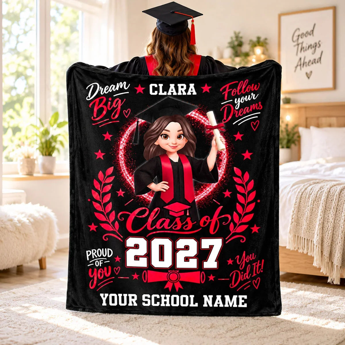 Personalized Dream Big Fleece Blanket, Graduate in Cap and Gown, Heartfelt Creative Gift for Daughter or Granddaughter
