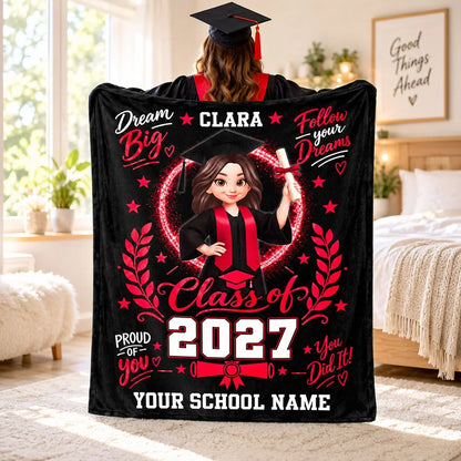 Personalized Dream Big Fleece Blanket, Graduate in Cap and Gown, Heartfelt Creative Gift for Daughter or Granddaughter