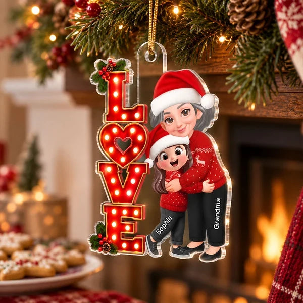 Personalized Acrylic Ornament, Grandma Hugging Granddaughter in Red Christmas Style, Creative Gift for Grandma