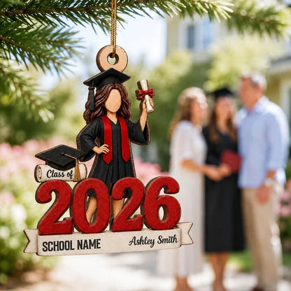 Personalized Wooden Ornament, Graduate Holding Diploma in Cap and Gown, Creative Keepsake Gift for Her
