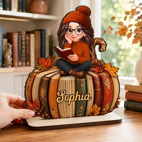 Personalized 2-Layer Wooden Plaque, Girl Reading On Pumpkin Books, Unique Gift For Book Lovers