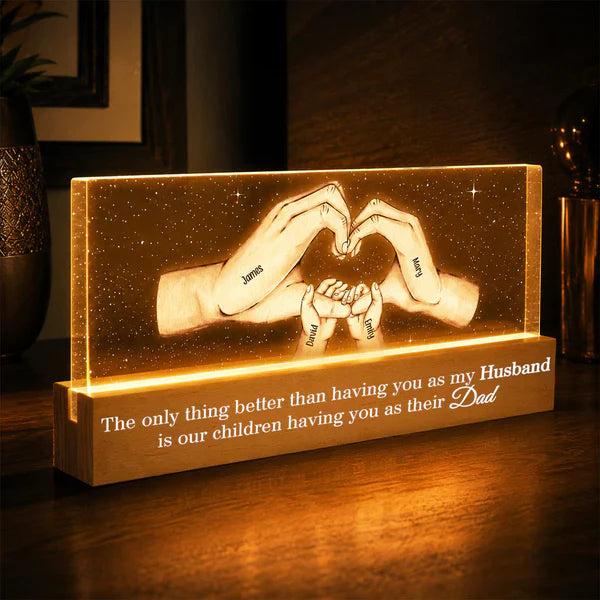 Personalized Block LED Light Plaque for Dad, Family Hands Warm Night Light, Unique Father's Day Gift