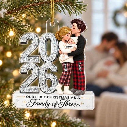 Personalized Acrylic Ornament, New Parents Embracing Baby at Christmas, Unique Family Gift