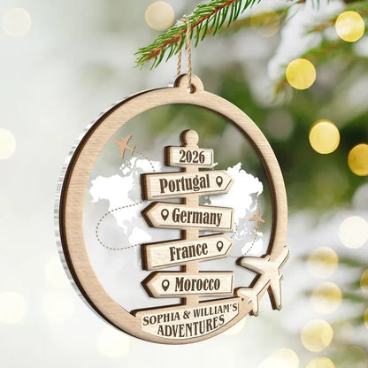 Personalized Layered Ornament with World Map, Airplanes and Travel Signpost, Unique Gift for Couples