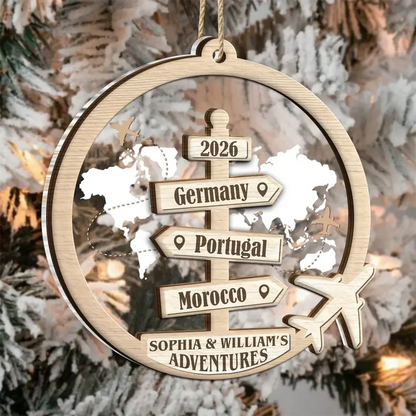 Personalized Layered Ornament with World Map, Airplanes and Travel Signpost, Unique Gift for Couples