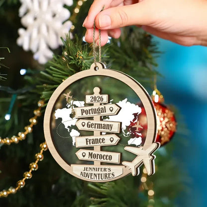 Personalized Layered Ornament with World Map, Airplanes and Travel Signpost, Unique Gift for Couples