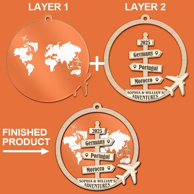 Personalized Layered Ornament with World Map, Airplanes and Travel Signpost, Unique Gift for Couples