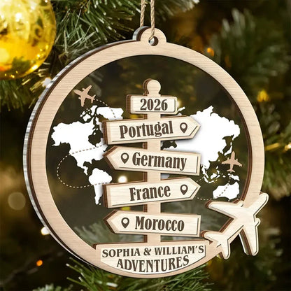 Personalized Layered Ornament with World Map, Airplanes and Travel Signpost, Unique Gift for Couples