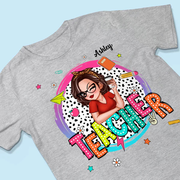 Personalized Classic Tee, Cartoon Teacher With Apple & Pencil, Unique Teacher Gift for Back to School